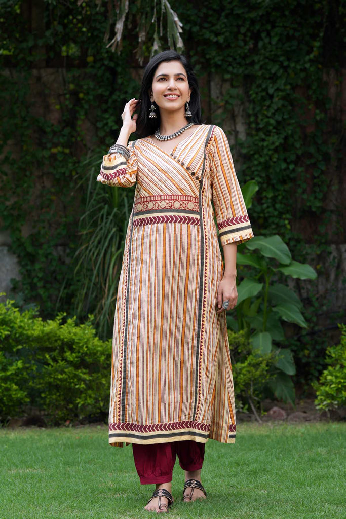 Yellow Angrakha Style Straight Side Cut Kurti | Shreeji Clothing